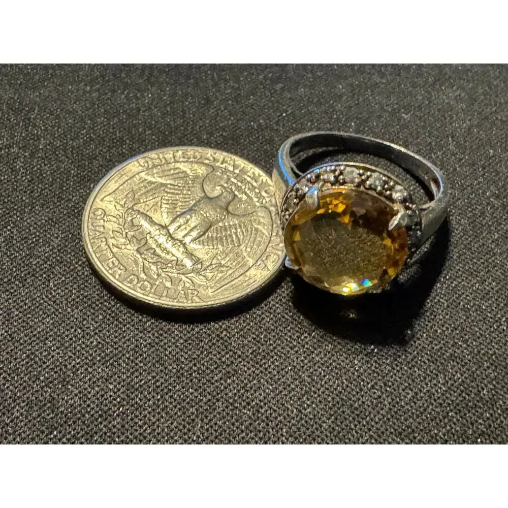 925 Silver Citrine & Diamond Faceted Stone Ring Size 7
